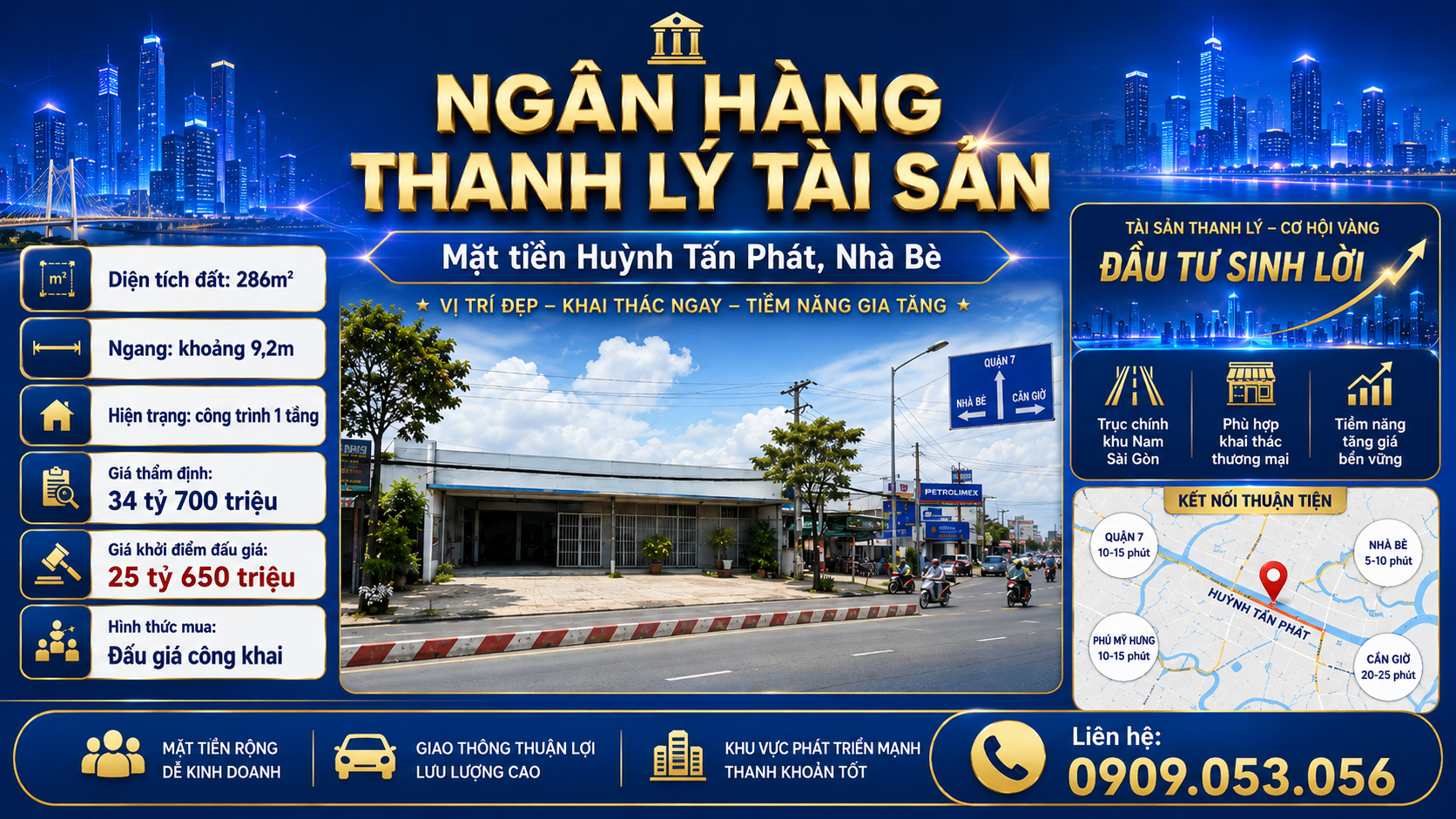 Ngân hàng thanh lý tài sản – Mặt tiền Huỳnh Tấn Phát, Nhà Bè – 286m² – Giá khởi điểm 25 tỷ 650 triệu