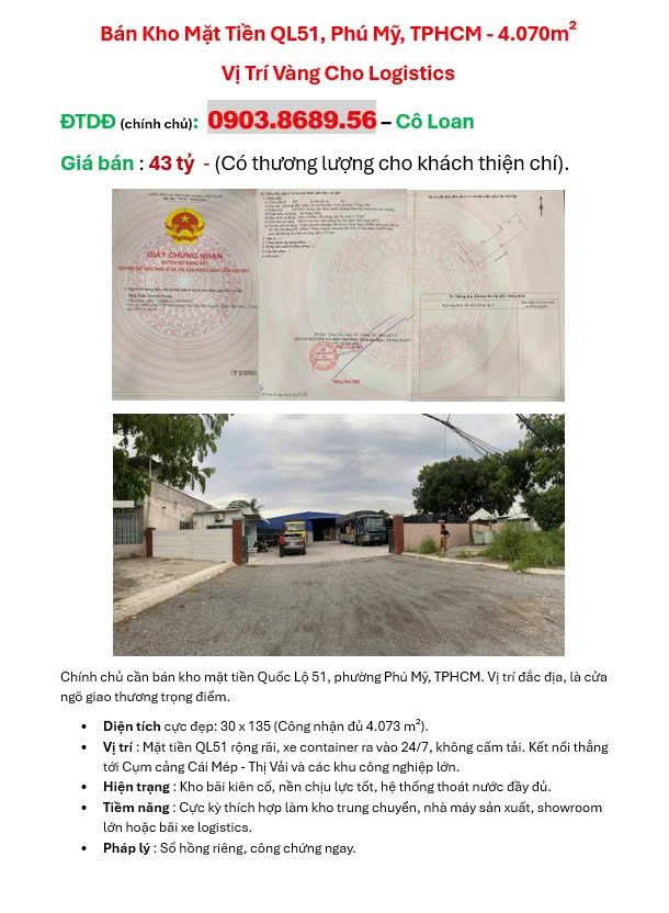 Bán Kho Mặt Tiền QL51, Phú Mỹ, TPHCM - 4.070m² - Vị Trí Vàng Cho Logistics