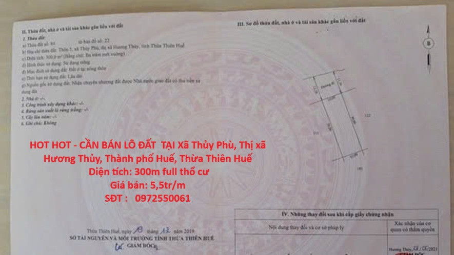 HOT HOT - CẦN BÁN LÔ ĐẤT  TẠI Xã Thủy Phù, Thị xã Hương Thủy, Thành phố Huế, Thừa Thiên Huế