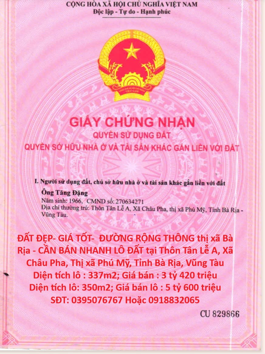 ĐẤT ĐẸP- GIÁ TỐT-  ĐƯỜNG RỘNG THÔNG thị xã Bà Rịa - CẦN BÁN NHANH LÔ ĐẤT tại Xã Châu Pha, Phú Mỹ.