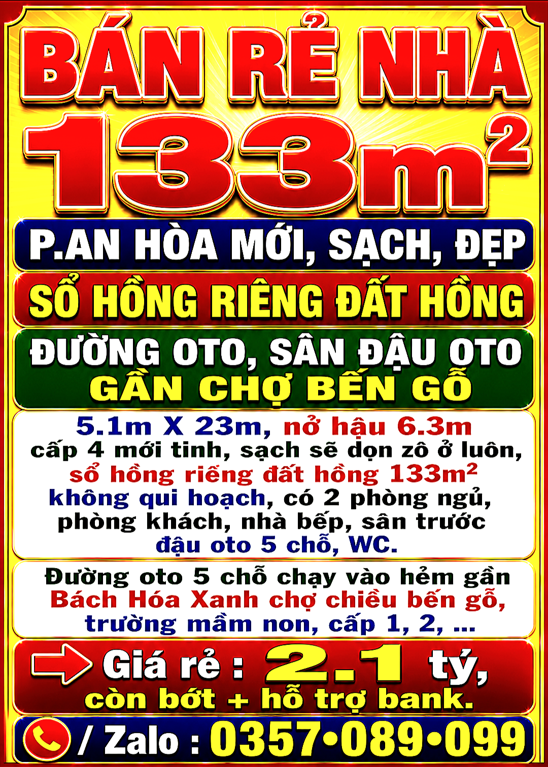 BÁN RẺ NHÀ AN HÒA MỚI, SẠCH, ĐẸP SỔ HỒNG 133m2 ĐẤT HỒNG, ĐƯỜNG OTO, SÂN OTO GẦN CHỢ BẾN GỖ