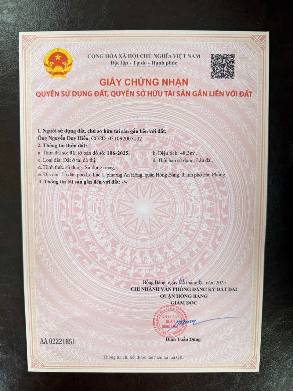Bán lô đất 48m2 tại Lê Lác An Hồng An Dương Hải Phòng giá 550 triệu