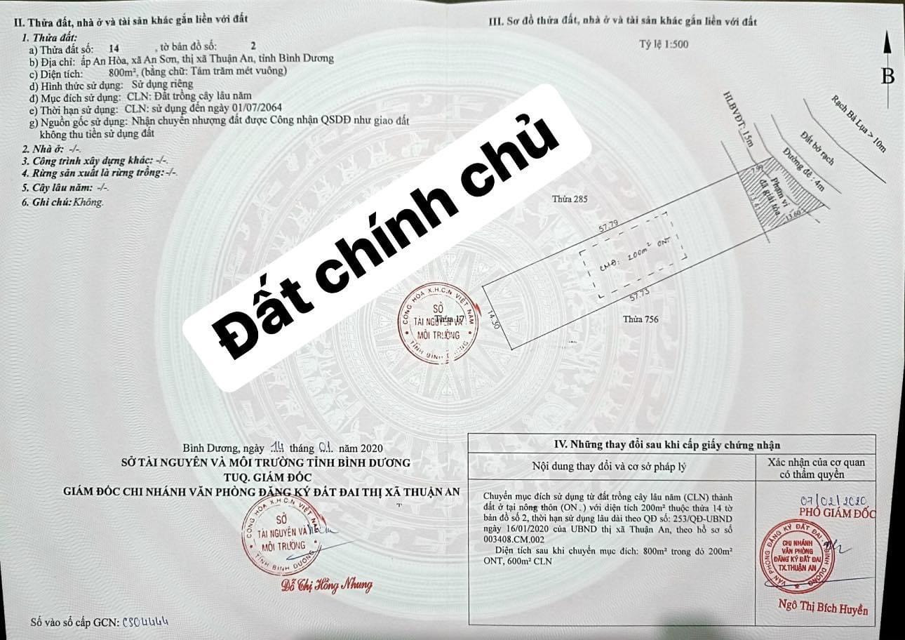 Bán lô đất 800m2 vườn măng, xoài, mít, sầu riêng giá chỉ 15tr/m2