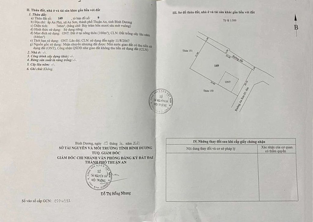 Bán đất góc 2MT An Sơn 01 diện tích  746m2 (thổ cư 100m2), giá chỉ 11 triệu/m2