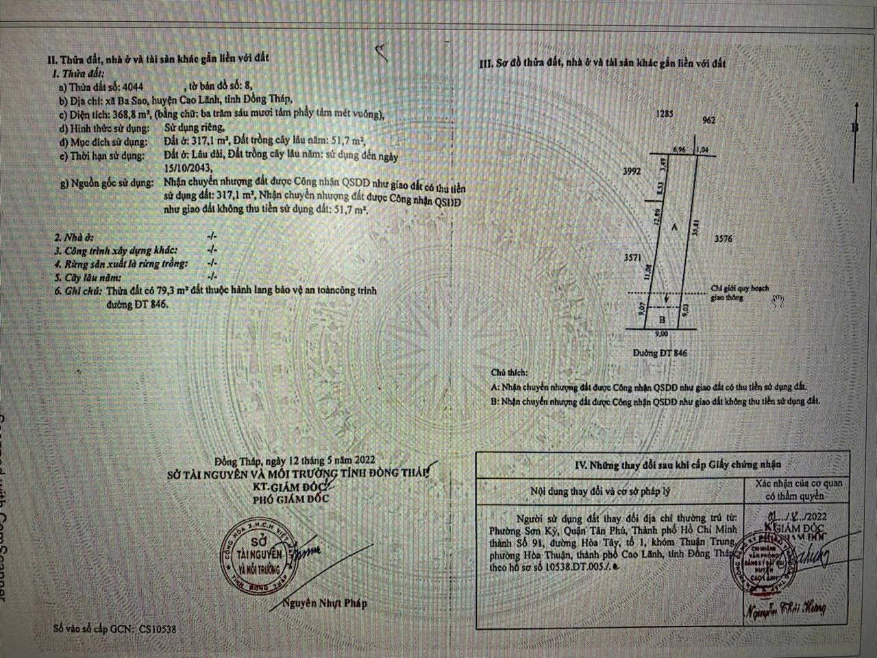 Bán đất mặt tiền kinh doanh DT 846, xã Ba Sao, tỉnh đồng tháp