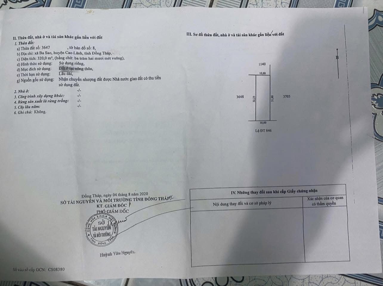 Bán nhanh lô đất mặt tiền DT 846 thuộc Ba Sao , Đồng Tháp