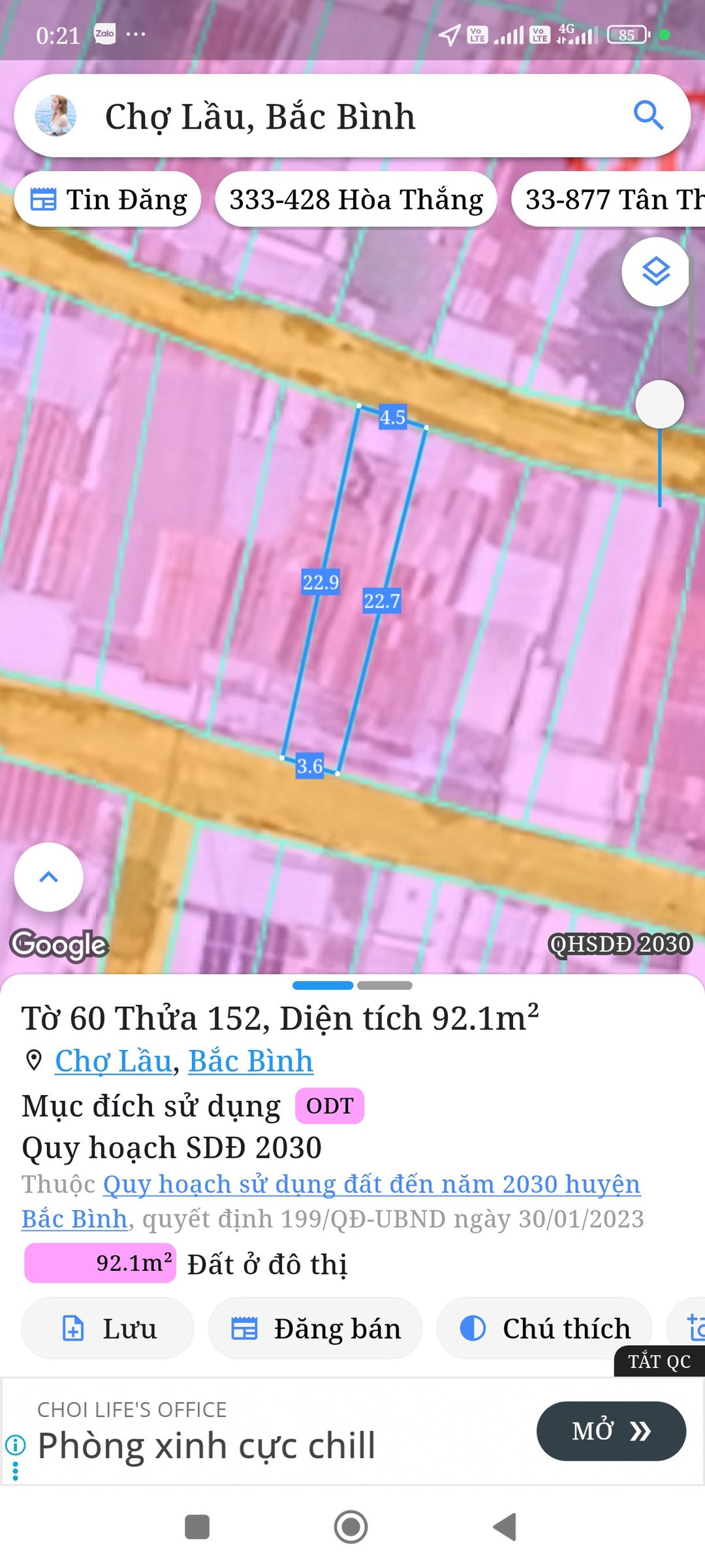 Bán đất 92.1m² full thổ cư ngang 4,5m giá 850 triệu tại Xã Bắc Bình