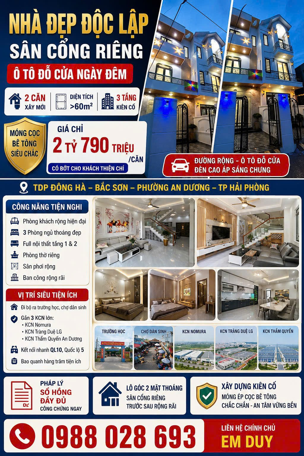 Chỉ cần bỏ ra trước 999tr là quý khách hàng đã sở hữu được 1 căn nhà xây 3 tầng xây độc lập sân cổng riêng, móng cọc bê tông chắc chắn tại An Dương TP Hải Phòng.
👉Gần đủ mọi tiện ích, 3 kCN Tràng Duệ, kCN Thẩm Quyến An Dương, kCN Nomura, trường học, chợ,