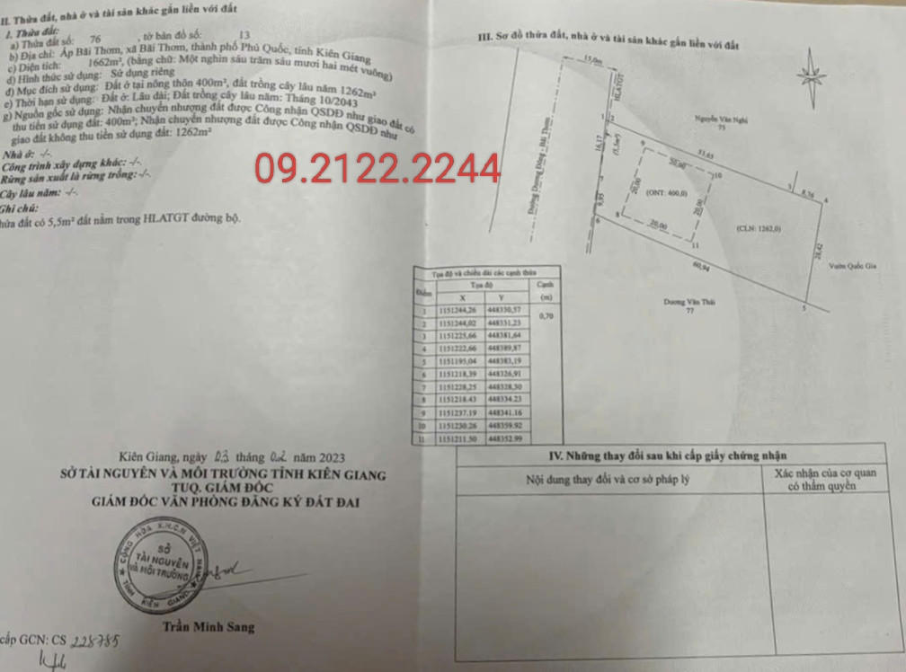 Bán đất 1662m2 có 400m2 thổ cư Ngang 27m Mặt tiền đường Bãi Thơm - Dương Đông tại Đặc khu Phú Quốc