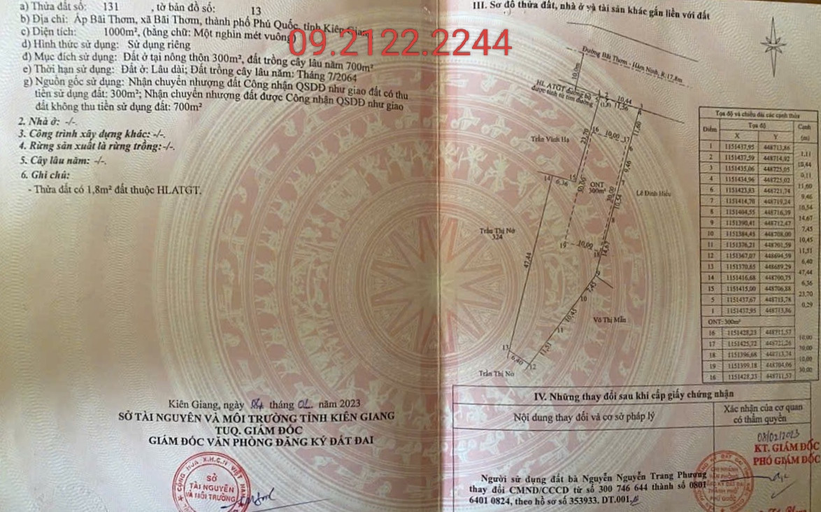 Bán đất 1000m2 có 300m2 thổ cư Ngang 11,5m Mặt tiền đường Bãi Thơm - Dương Đông giá 3tỷ tại Đặc Khu Phú Quốc