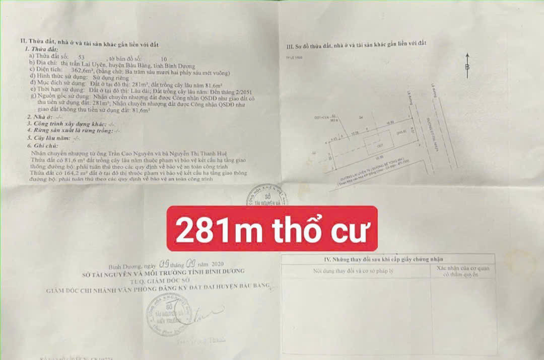 Bán đất 362.6m² ngang 10m giá 1.5 tỷ Xã Bàu Bàng mặt tiền DT 750