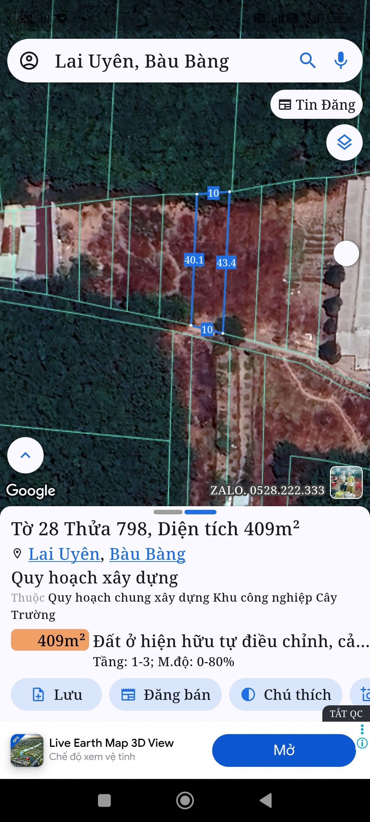 Bán đất 409m² giá 2.3 tỷ Xã Bàu Bàng