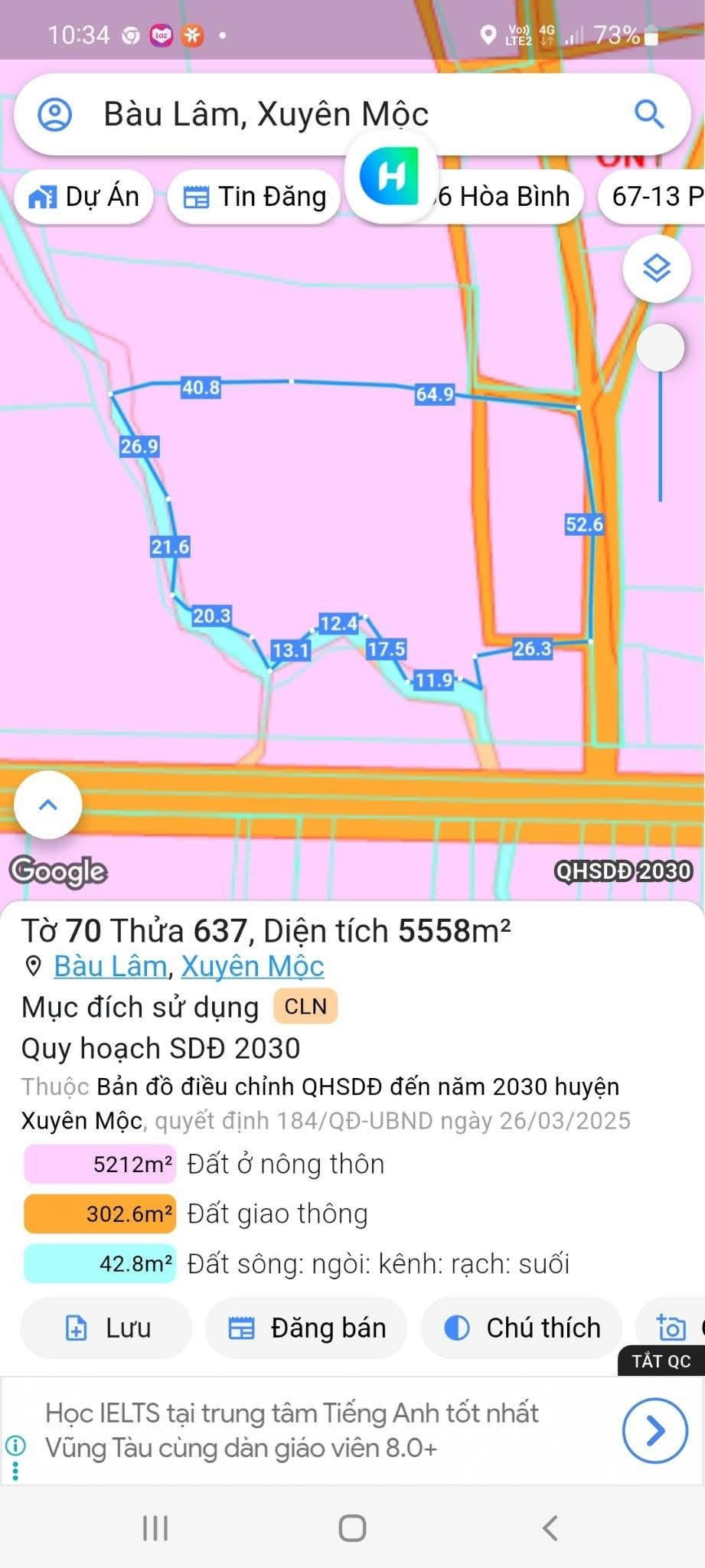 Bán đất 5557.7m² ngang 153m giá 3.33 tỷ Xã Bàu Lâm
