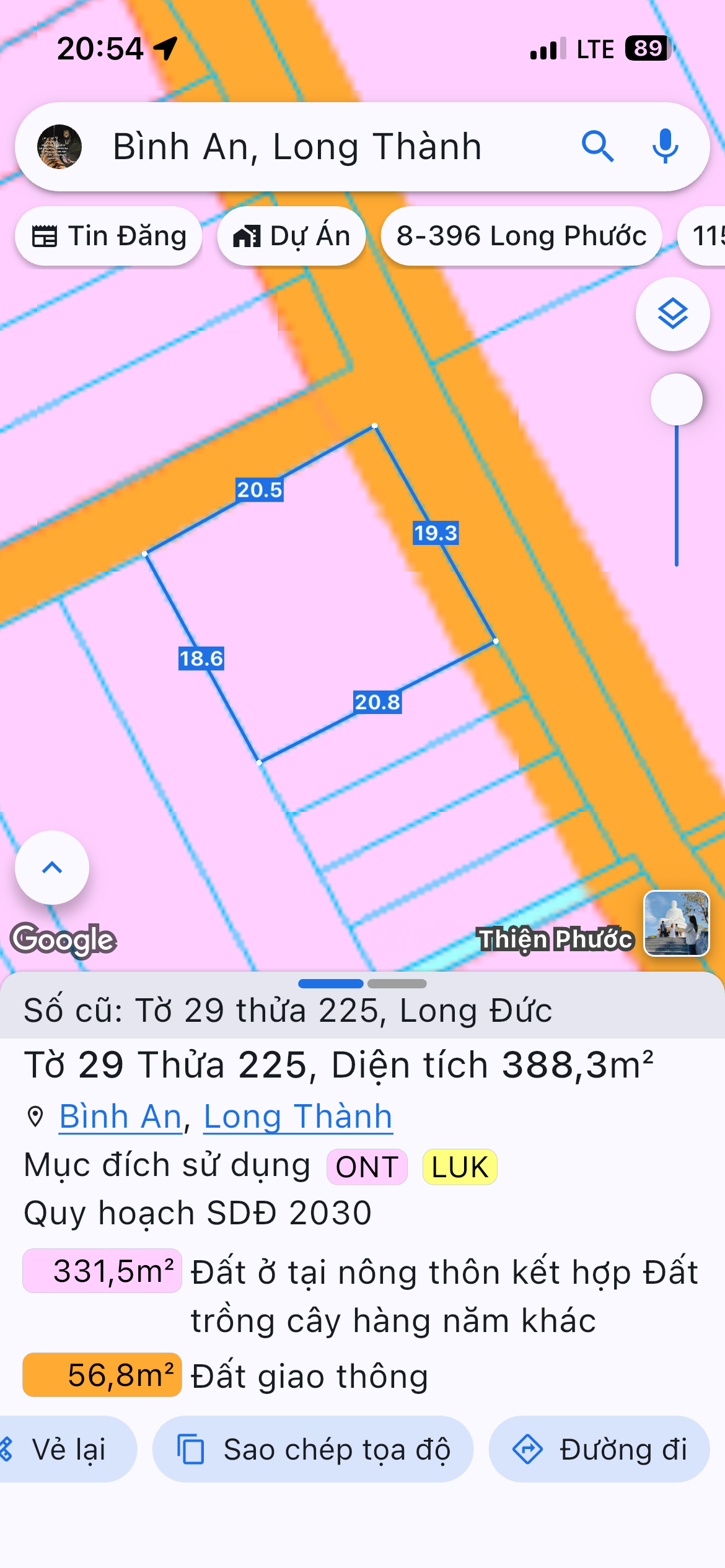 Bán đất 388.4m² có sẵn 200m² thổ cư ngang 19m giá 6.5 tỷ tại Xã Bình An