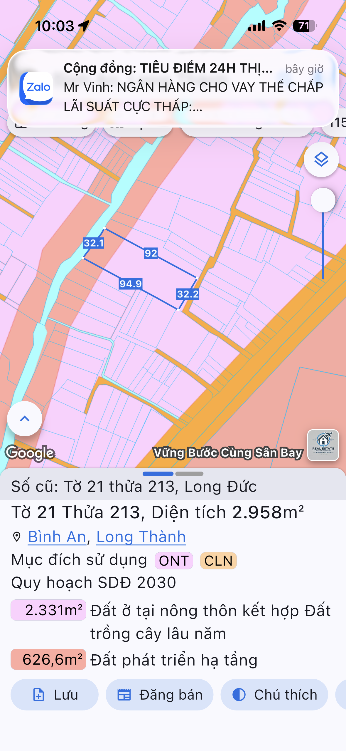 Bán đất 2957.9m² có sẵn 300m² thổ cư ngang 32m giá 17 tỷ tại Xã Bình An