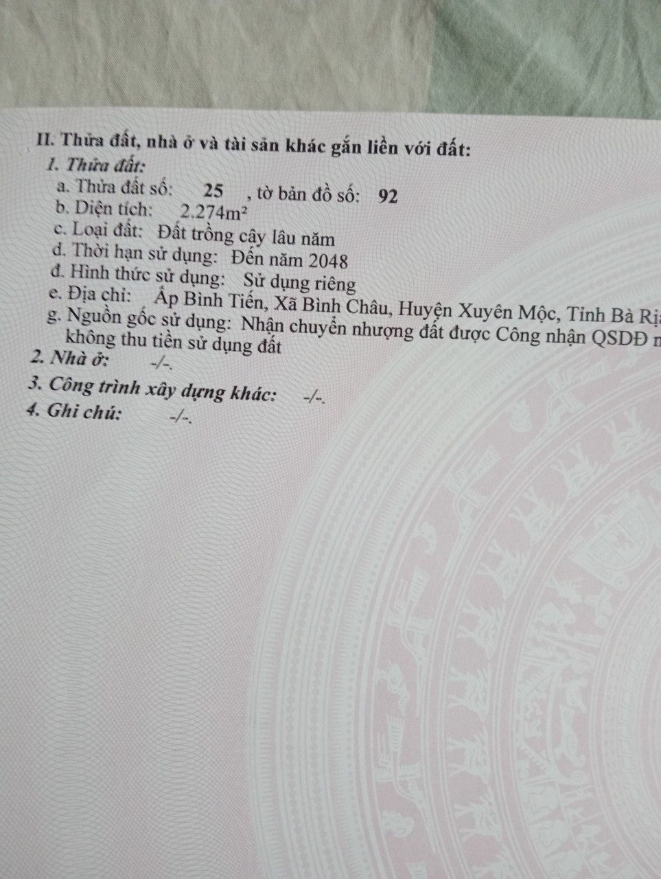 Chính chủ cần bán lô đất 2274m2, mặt tiền 22m tại Bình Châu, Xuyên Mộc, BRVT giá 3.8 tỷ.
