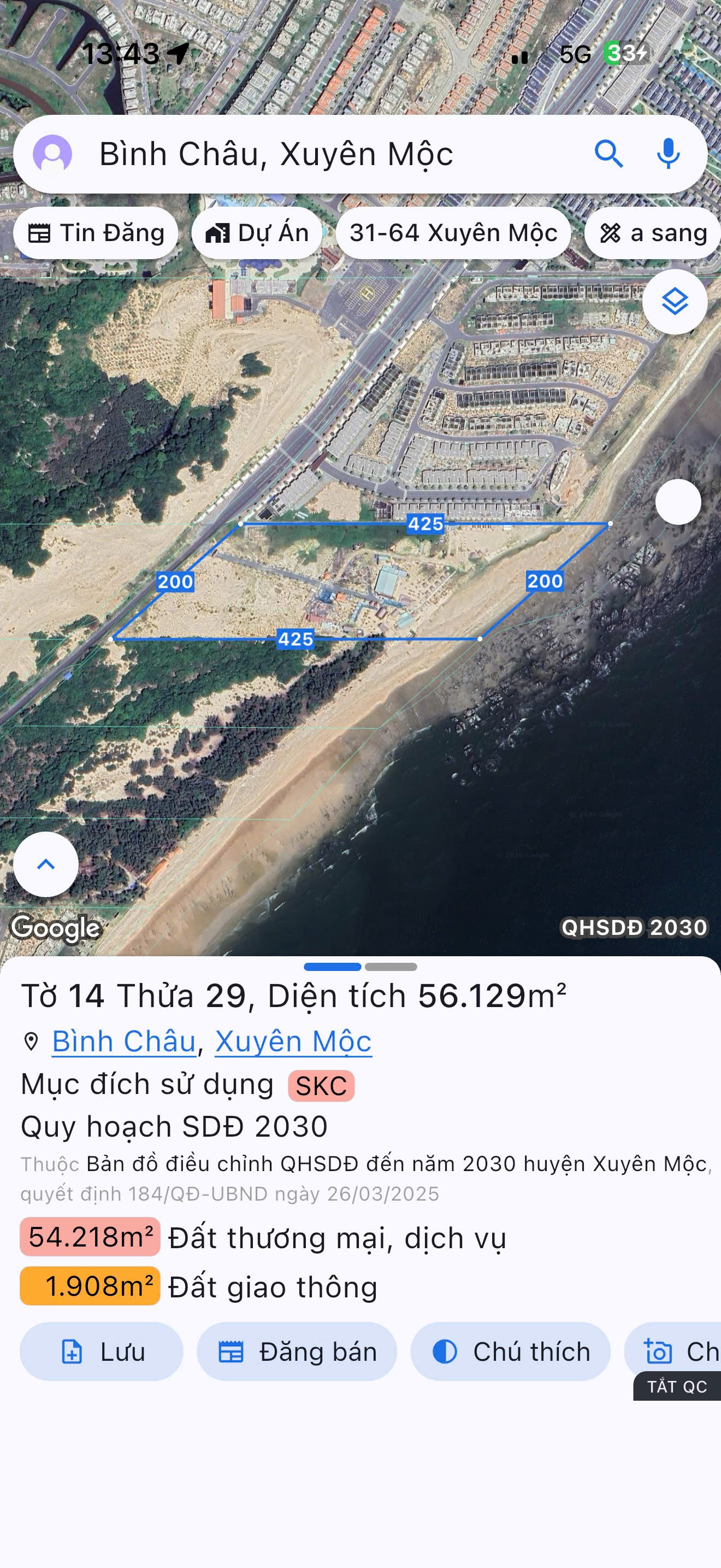 Bán Đất 56129m2 giá 280 tỷ tại Xã Bình Châu Huyện Xuyên Mộc Bà Rịa - Vũng Tàu