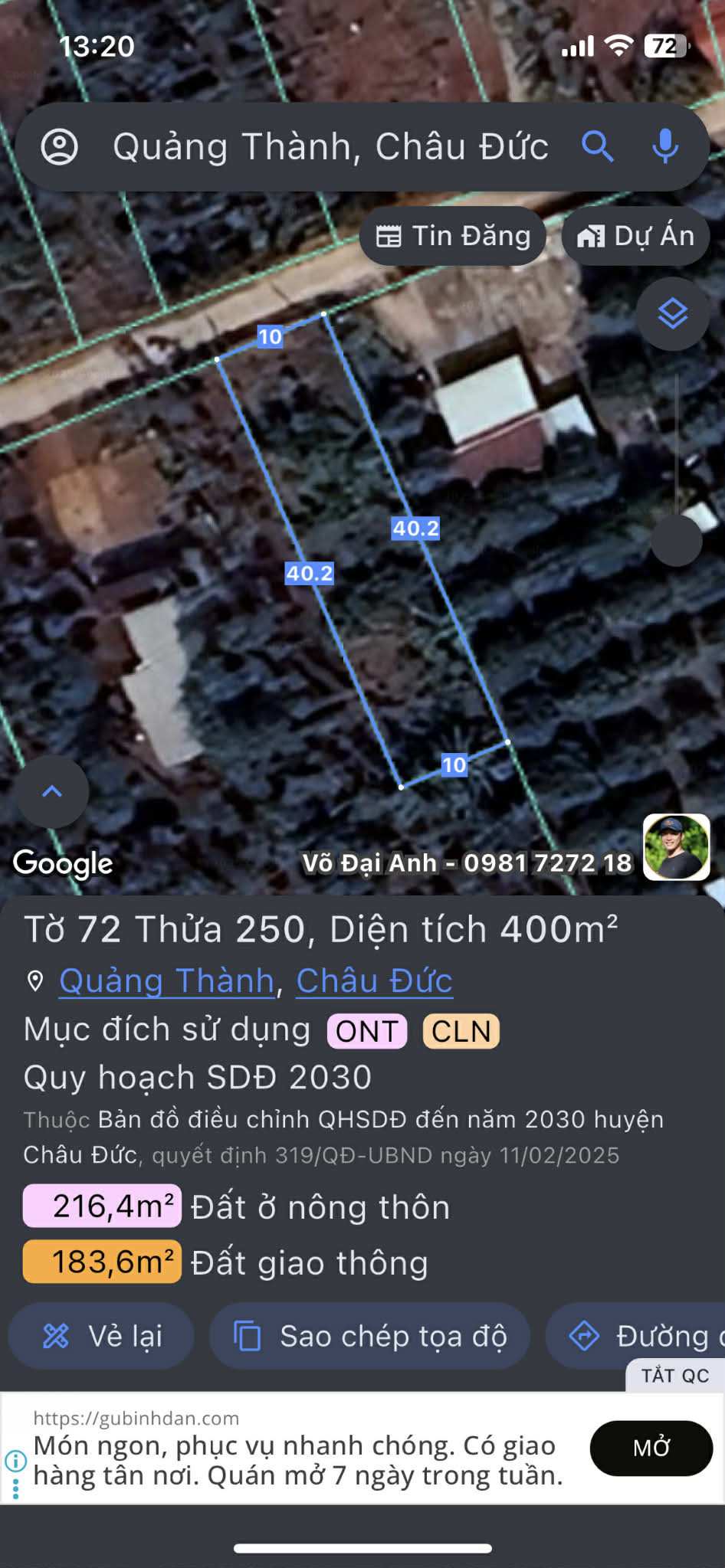 Bán đất 400m² ngang 10m giá 1.25 tỷ Xã Bình Giã