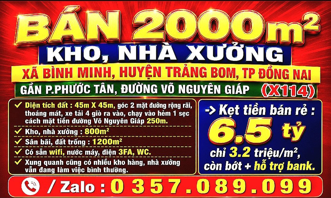 BÁN 2000m2 KHO, NHÀ XƯỞNG XÃ BÌNH MINH, TRẢNG BOM, ĐỒNG NAI GẦN P.PHƯỚC TÂN, ĐƯỜNG VÕ NGUYÊN GIÁP