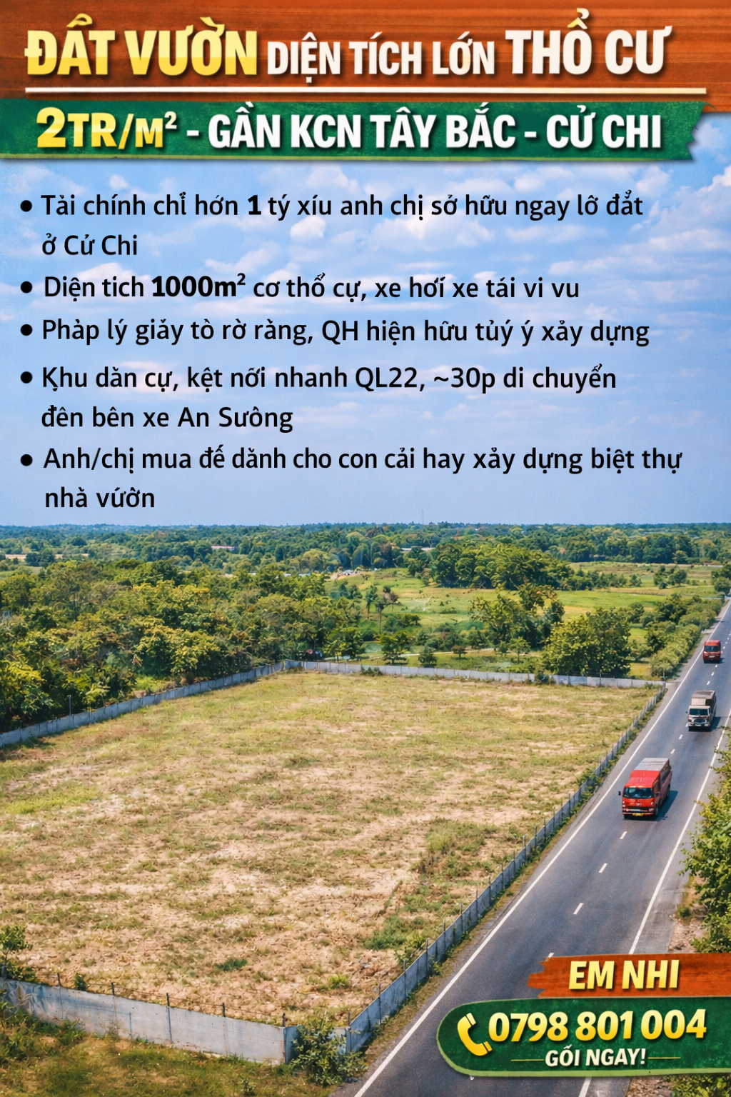 GIÁ CHỈ HƠN 1 TỶ – SỞ HỮU NGAY 1000M² ĐẤT VƯỜN CÓ THỔ CƯ GẦN KCN TÂY BẮC – CỦ CHI!