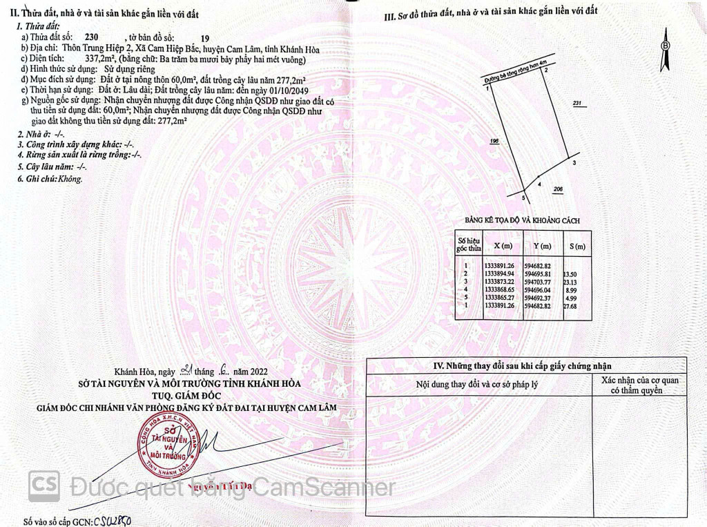 Bán đất 337,2m² ngang 13,5m giá 2.7 tỷ Xã Cam Hiệp