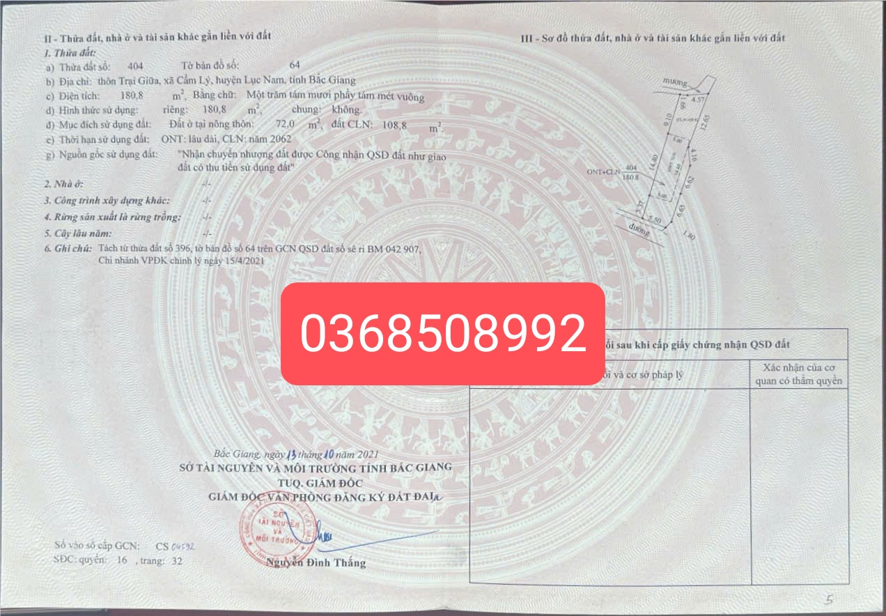 Bán đất 180m² ngang 5,5m giá 350 triệu Xã Cẩm Lý