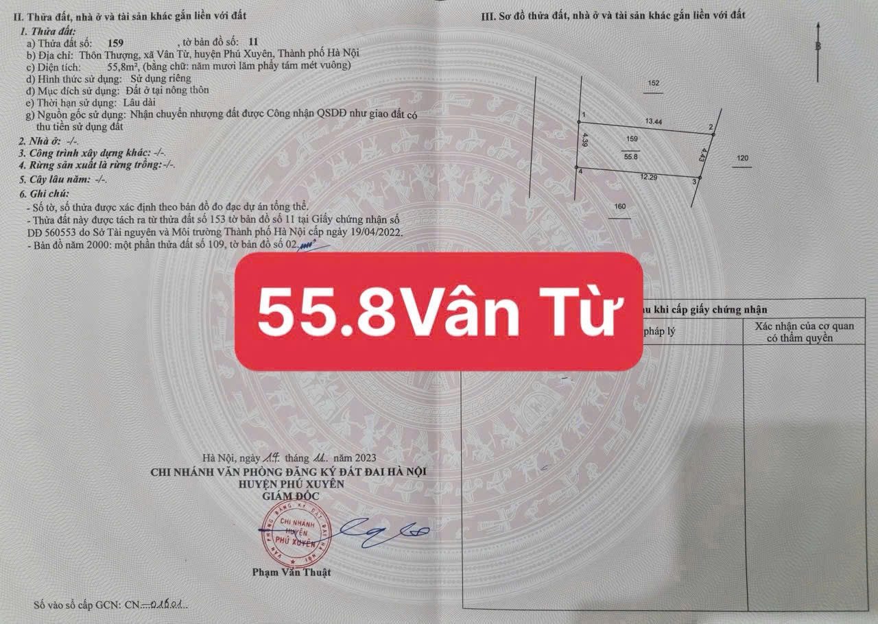 Bán đất 55,8m² full thổ cư ngang 4,39m giá 2.75 tỷ tại Xã Chuyên Mỹ thôn Thượng - Vân Từ - Phú Xuyên
