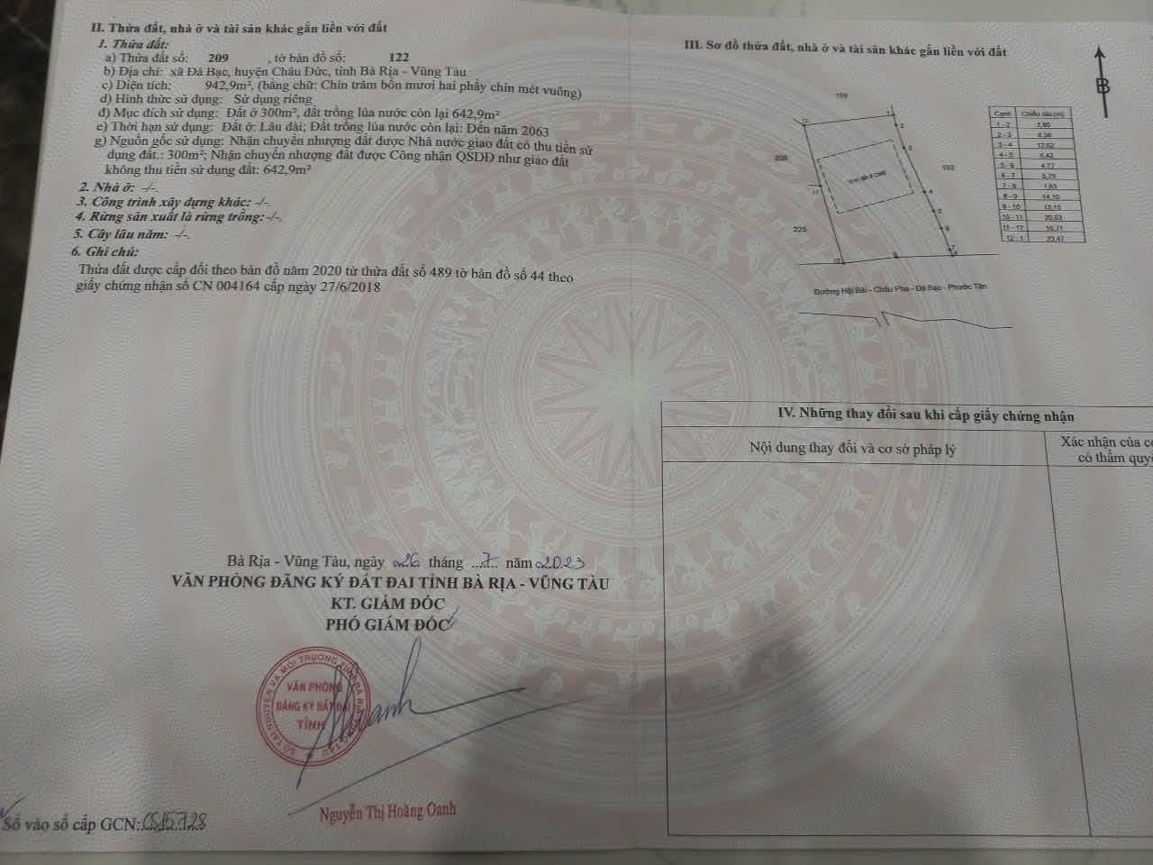 Xã Đá Bạc cũ huyện Châu Đức. S: 9.375 m2 có 300tc