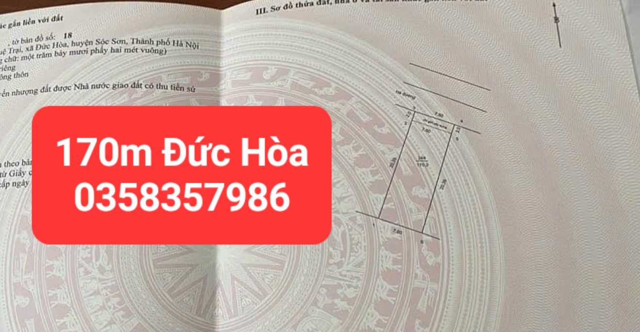 Bán đất 170m² full thổ cư ngang 7.6m giá 6.45 tỷ tại Xã Đa Phúc
