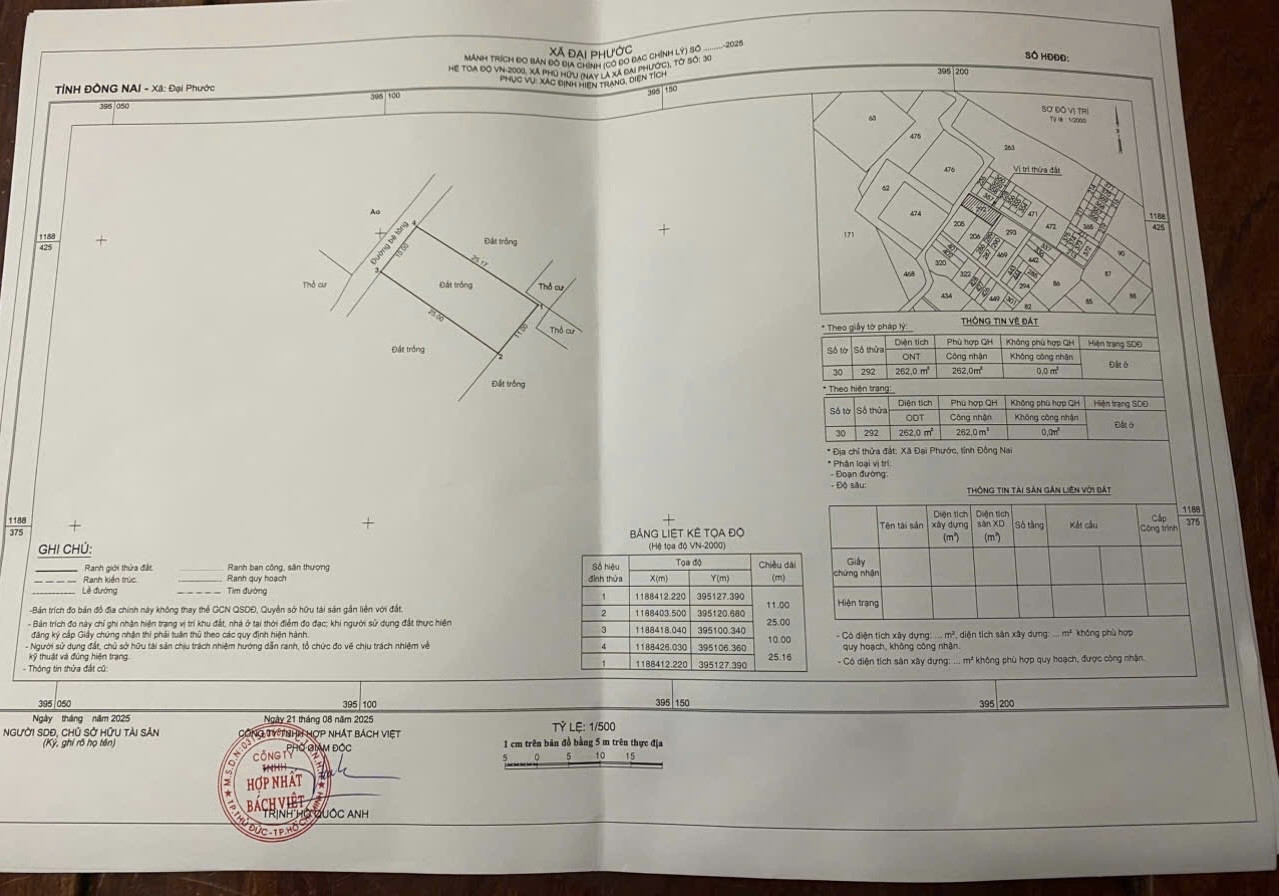Bán đất 262m² ngang 10m giá 5.5 tỷ Xã Đại Phước