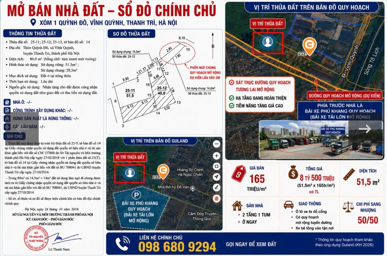 Bán nhà 51,5m² full thổ cư ngang 5,9mm giá 8.5 tỷ tại Đường Vĩnh Quỳnh Xã Đại Thanh