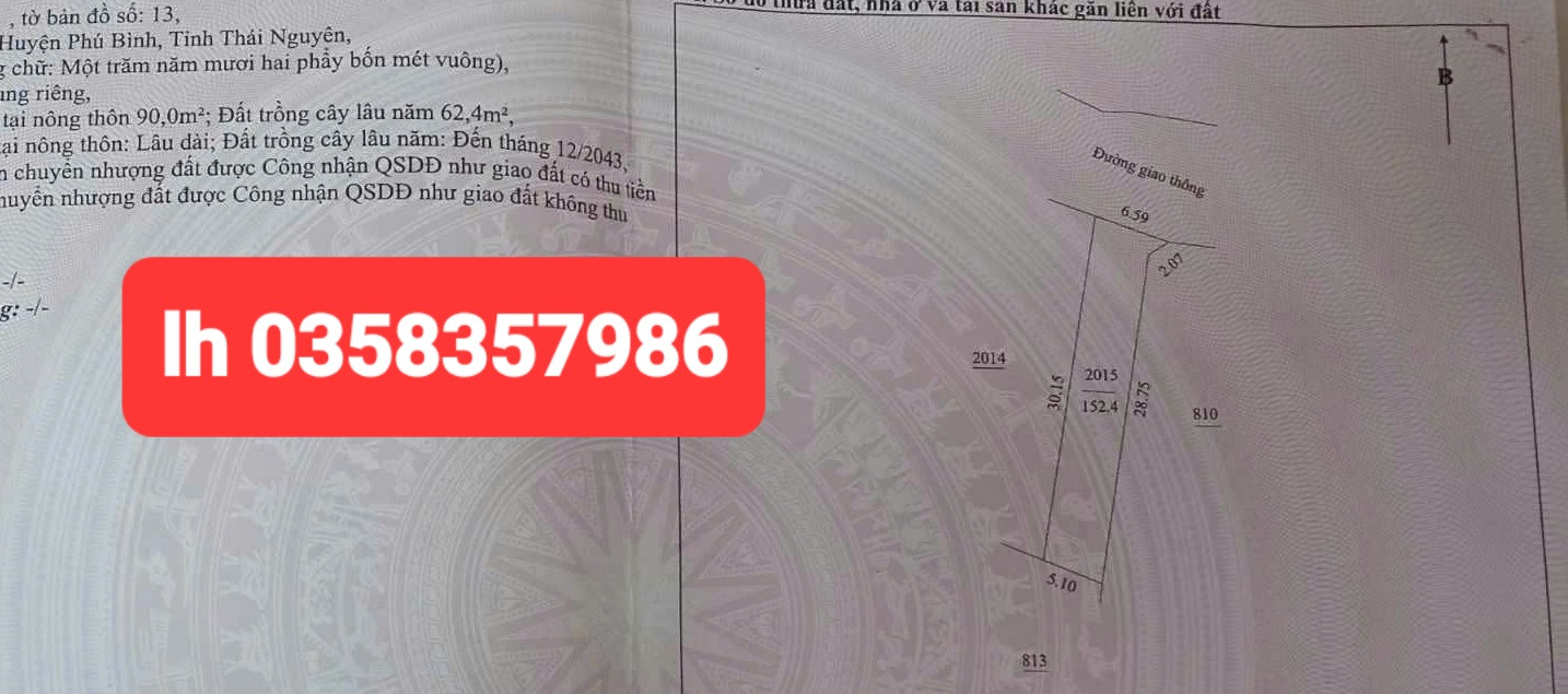 Bán đất 152.4m² ngang 6.59m giá 1.8 tỷ Xã Điềm Thụy