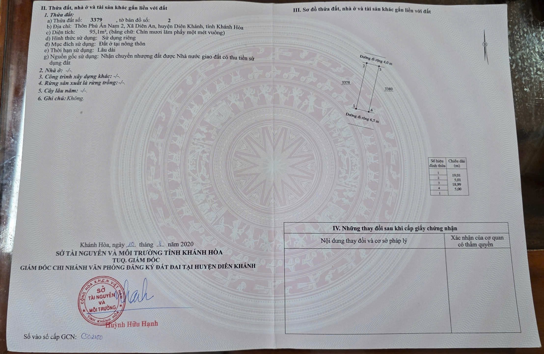 BÁN LÔ ĐẤT DIÊN AN , DIÊN KHÁNH . MT ĐƯỜNG ĐẦU CẦU . DT 95,1m2 , FULL THỔ . GIÁ 1 TỶ 950 Triệu
