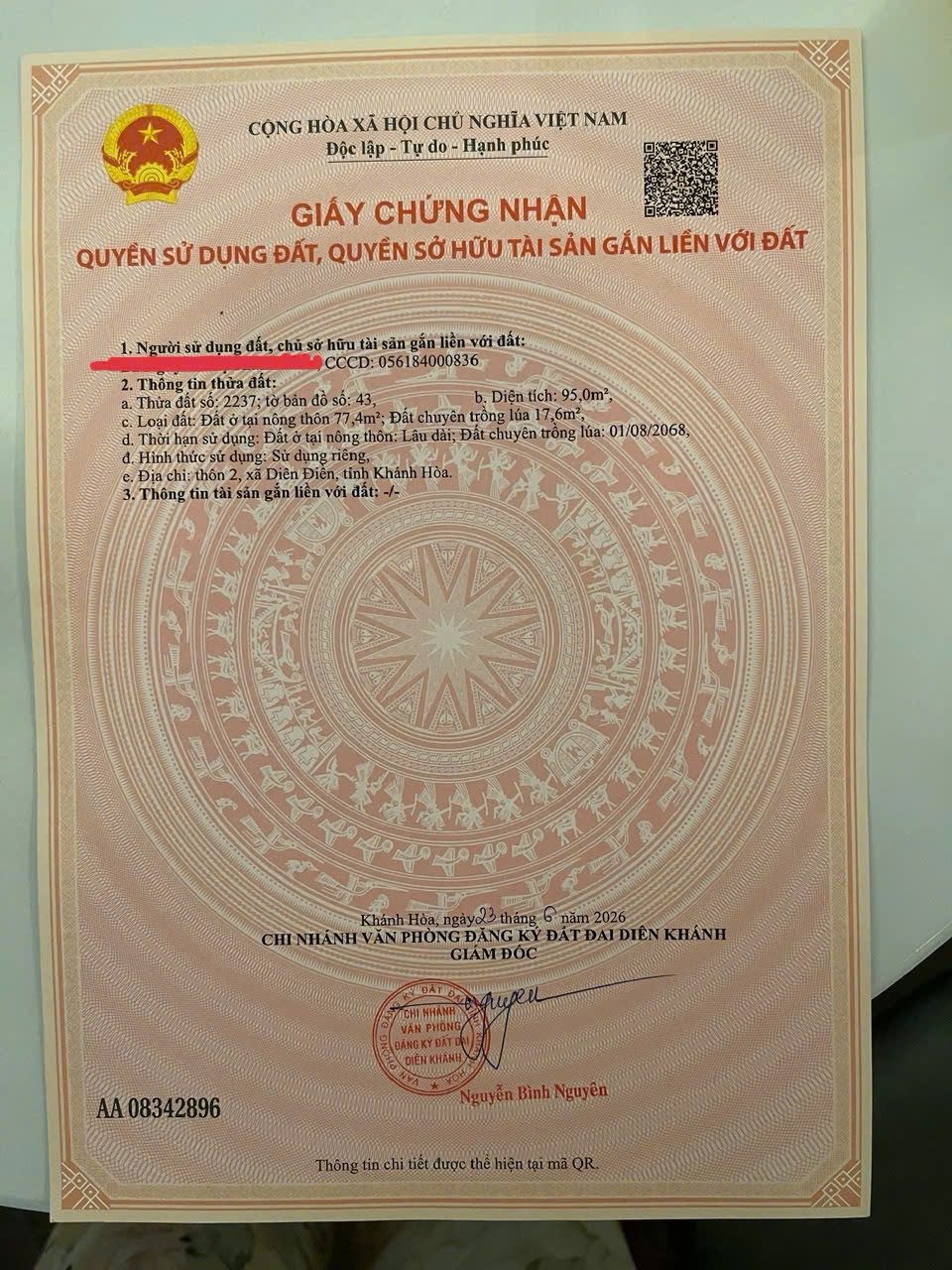 BÁN LÔ ĐẤT ĐẸP Ở DIÊN PHÚ , DIÊN KHÁNH . DT 95m2 , FULL THỔ CƯ . GẦN MỌI TIỆN ÍCH . GIÁ BÁN 849 TRIỆU BAO GIẤY TỜ