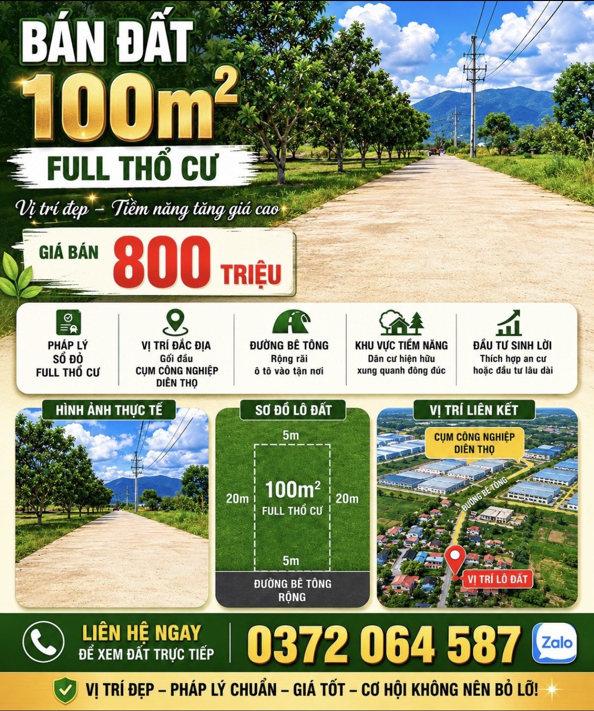 Bán Đất Thổ Cư 100%, Đối Diện Khu Công Nghiệp VCN Xã Diên Thọ, Khánh Hoà, Đất Trồng Full Xoài Úc Giá 800 Triệu/Lô