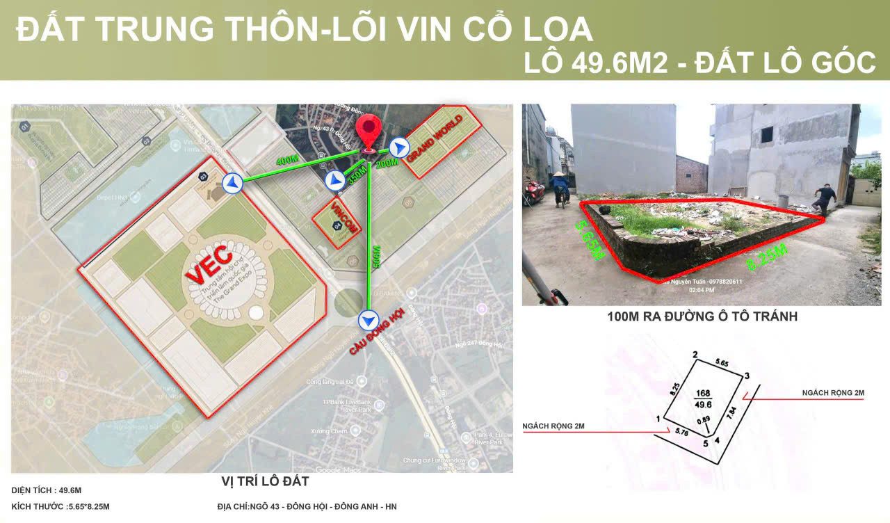 Bán đất Trung Thôn Đông Hội xã Đông Anh 49,6m2 lô góc ngõ thông ô tô giá chỉ hơn 5 tỷ. Lh 0385999322