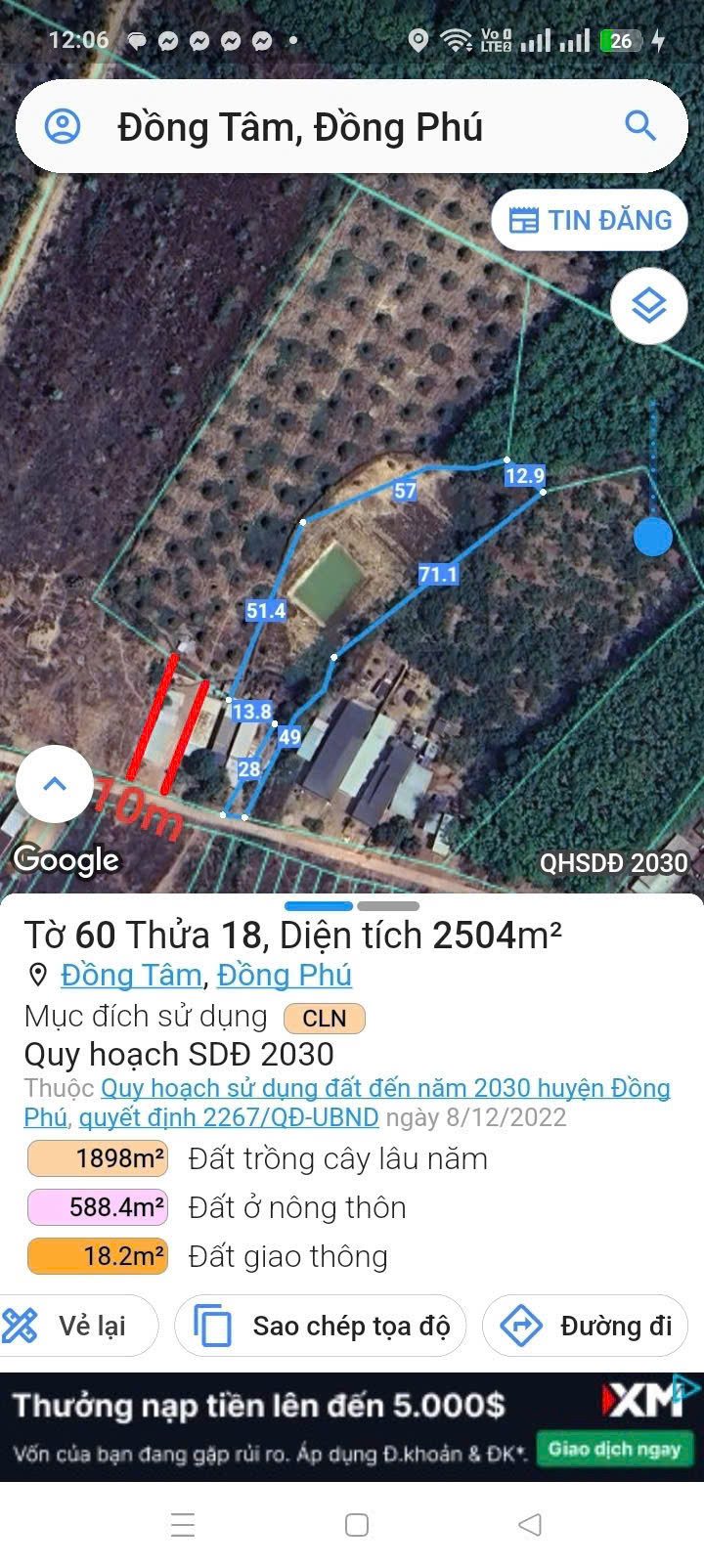bán vườn 2600m2 đồng tâm đồng phú 460tr
