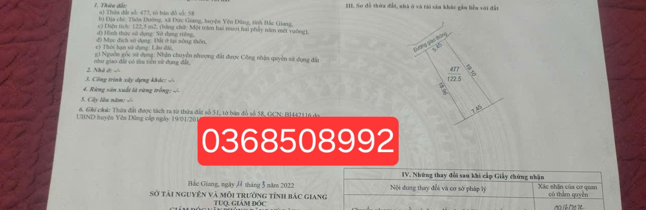 Bán đất 122m² ngang 5,45m giá 1.08 tỷ Xã Đồng Việt
