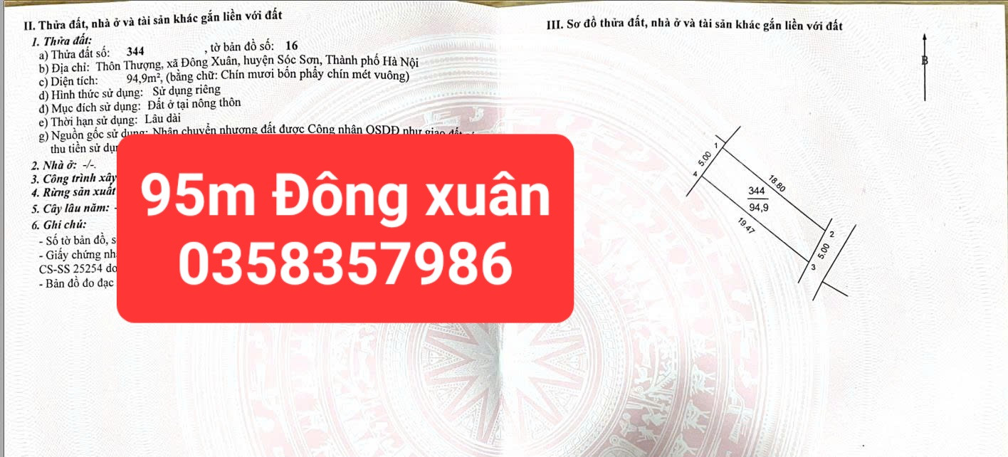 Bán Đất 95m² thổ cư 95m² giá 3.2 tỷ tại Xã Đông Xuân Huyện Sóc Sơn Hà Nội