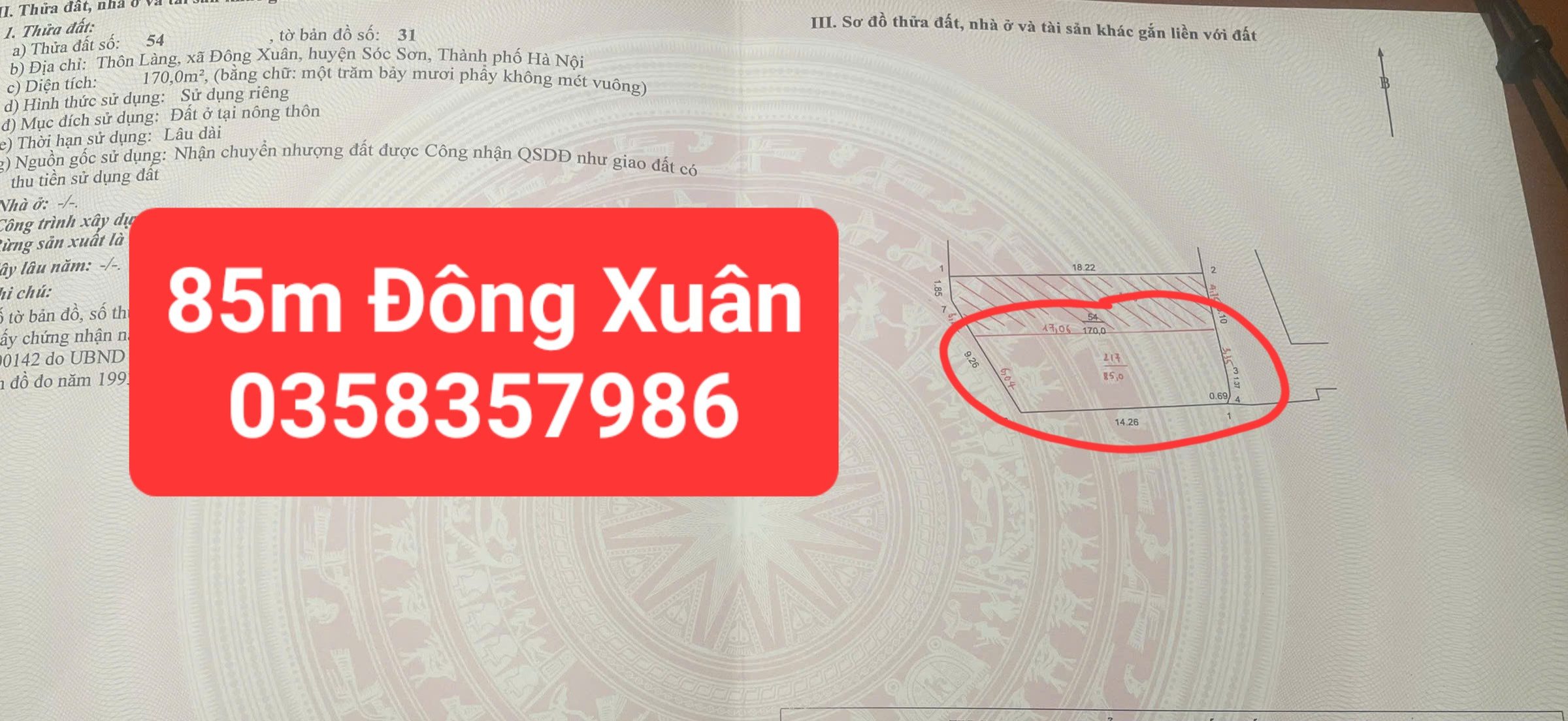 Bán đất Đông Xuân DT 85m vuông,MT 5.41m
Giá bán 2 tỷ 300 triệu