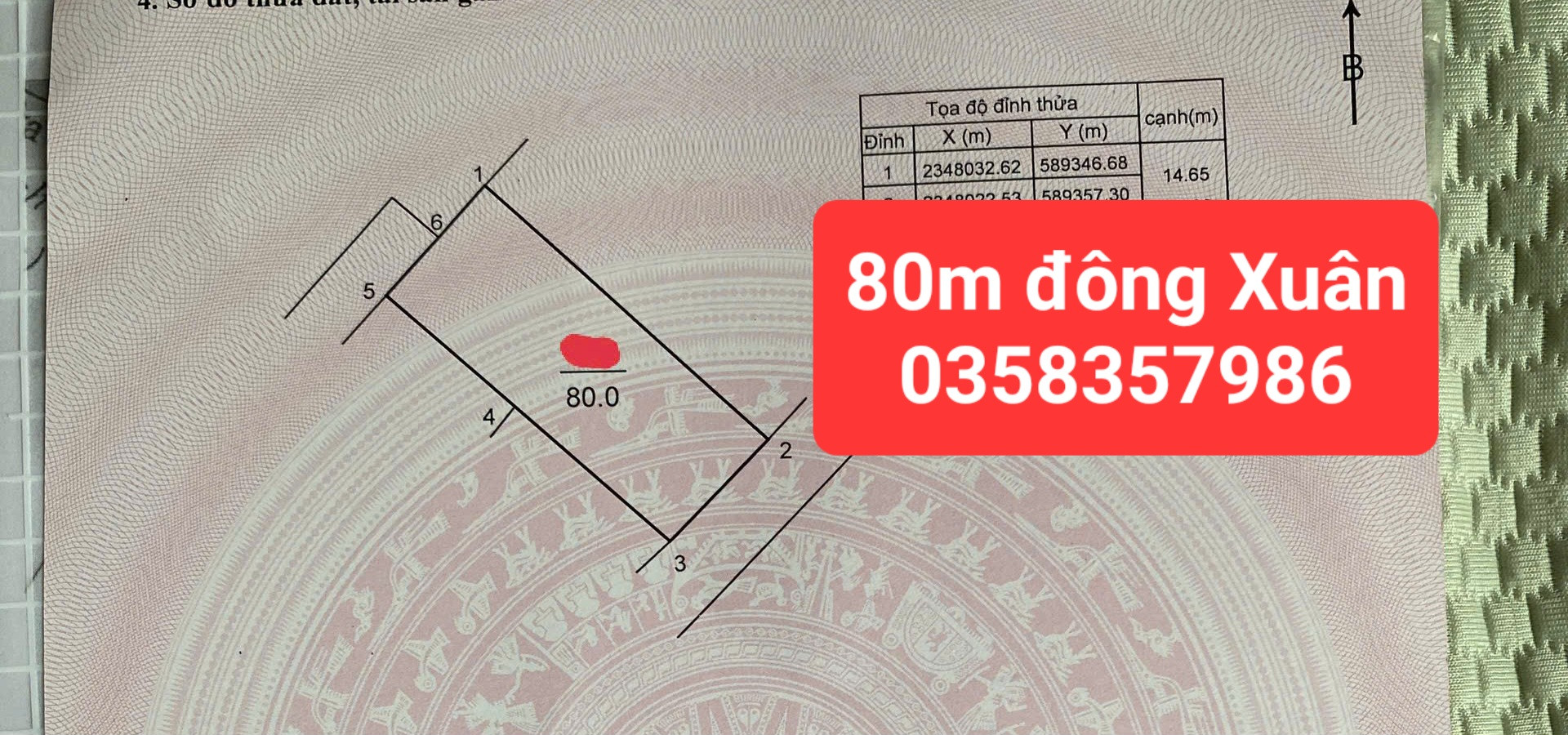 Bán đất Đông Xuân DT 80m vuông,MT 5.36m full thổ cư,giá bán 2 tỷ 450 triệu