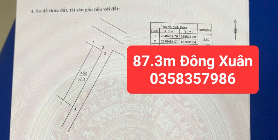 Bán Đất 87m² thổ cư 87m² giá 4.33 tỷ tại Xã Đông Xuân Huyện Sóc Sơn Hà Nội