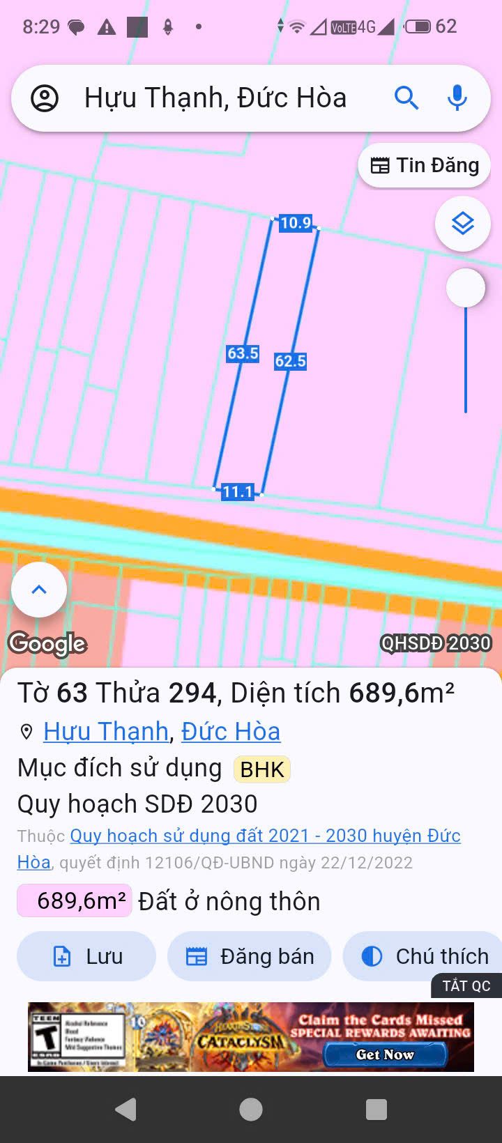 Bán đất 689.6m² ngang 11m giá 9.5 tỷ xã Hựu Thạnh (cũ), nay là xã Đức Hòa