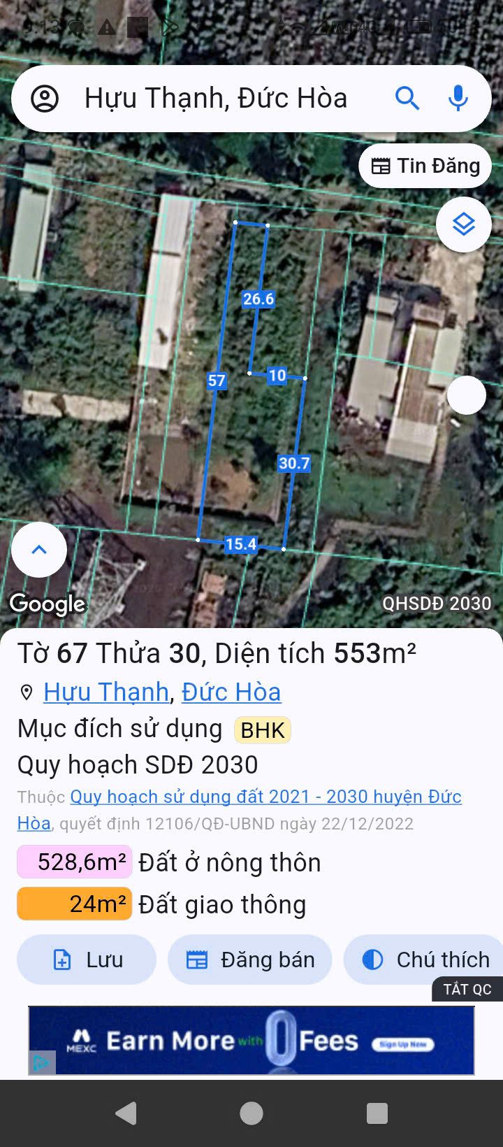 Bán đất 553m² mặt tiền đường kênh 4m, giá 7 tỷ 800 triệu xã Đức Hòa, tỉnh Tây Ninh