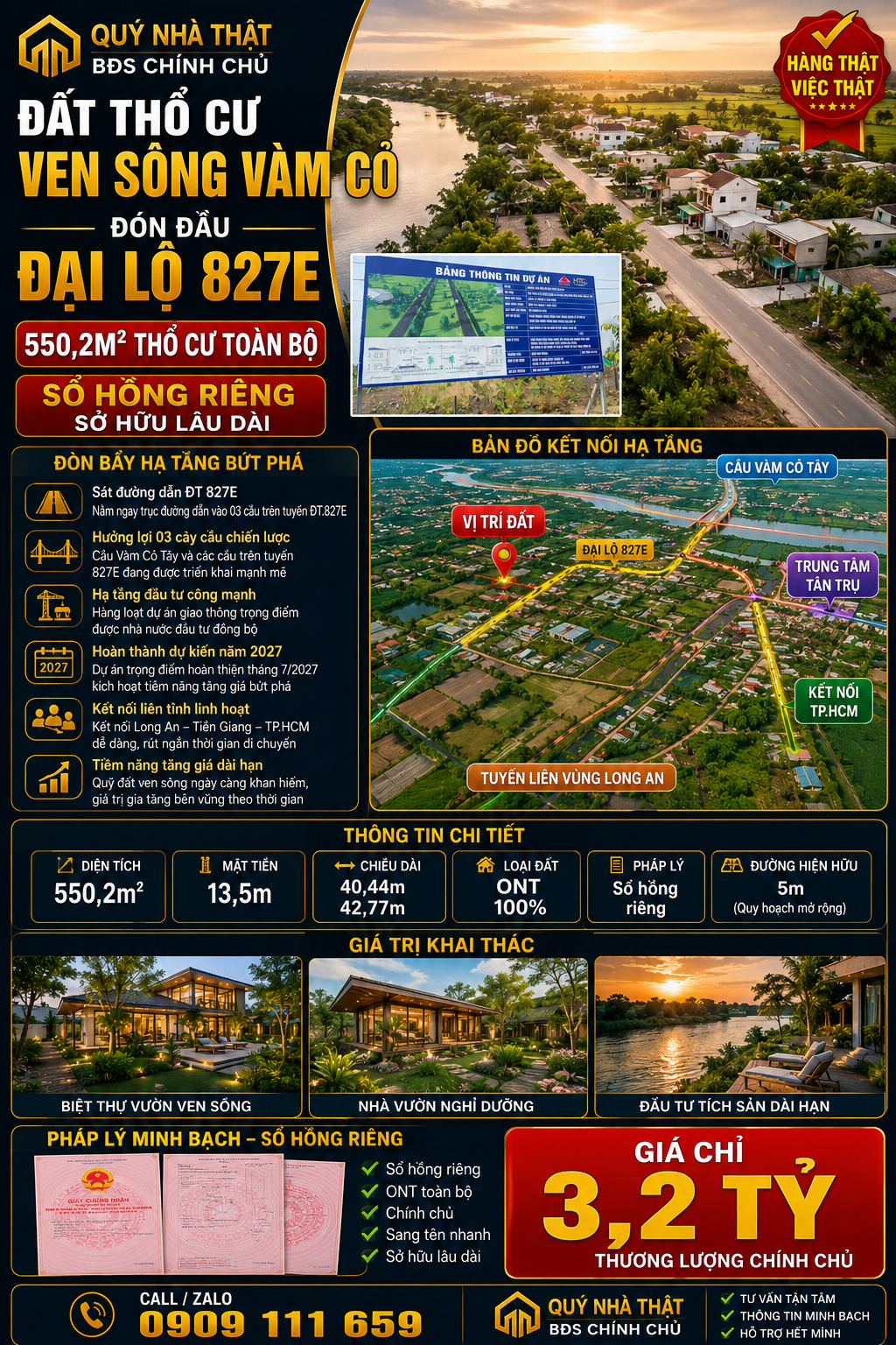 Hàng hiếm giữ tiền – 550m² đất thổ cư (ONT) Xã Đức Tân - Tân Trụ - Long Ann . Giá cực tốt chưa đến 6 triệu/m²!