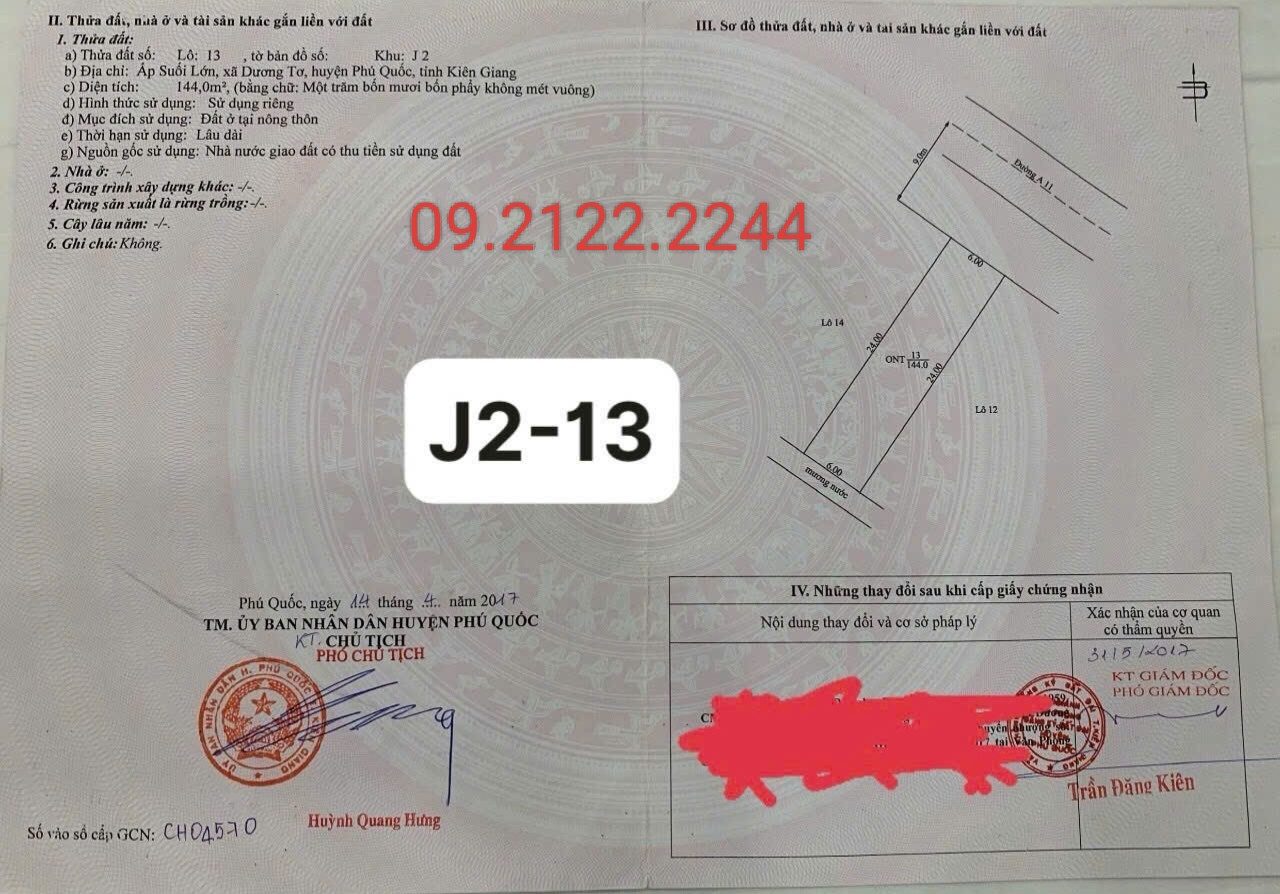 Bán đất 144m2 Full thổ cư TĐC Suối Lớn Ngang 6m Giá 3,05 tỷ MT đường 18m tại Đặc Khu Phú Quốc