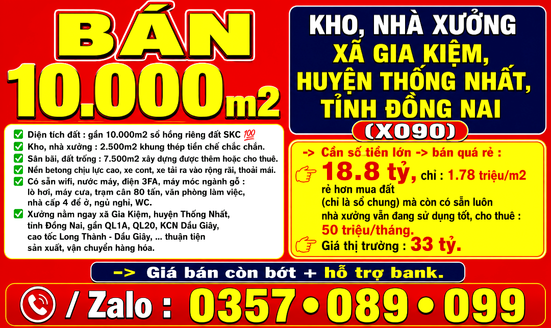 BÁN RẺ 10000m2 KHO, NHÀ XƯỞNG XÃ GIA KIỆM, HUYỆN THỐNG NHẤT, TỈNH ĐỒNG NAI, GẦN QL1A, QL20