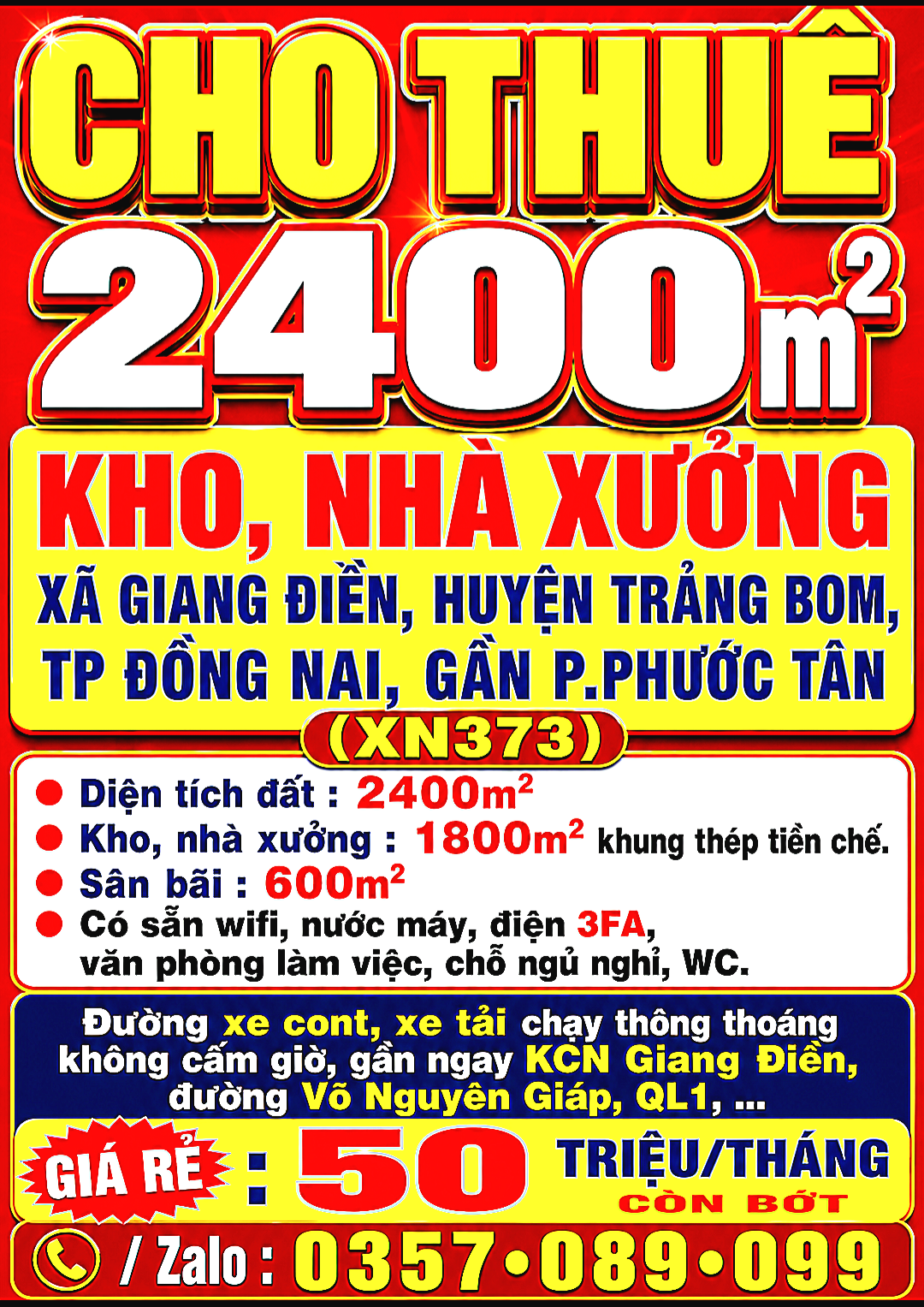 CHO THUÊ 2400m2 KHO, NHÀ XƯỞNG XÃ GIANG ĐIỀN, HUYỆN TRẢNG BOM, TP ĐỒNG NAI, GẦN PHƯỚC TÂN (XN373)