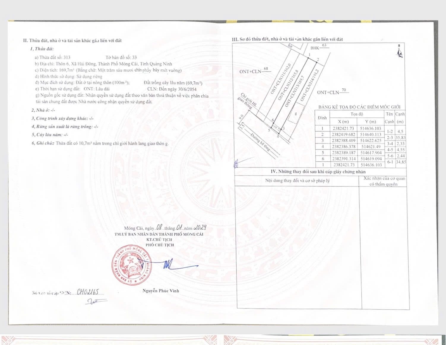 Bán đất 170.6m² có sẵn 100m² thổ cư ngang 4,5m giá 800 triệu tại Xã Hải Đông Thành phố Móng Cái