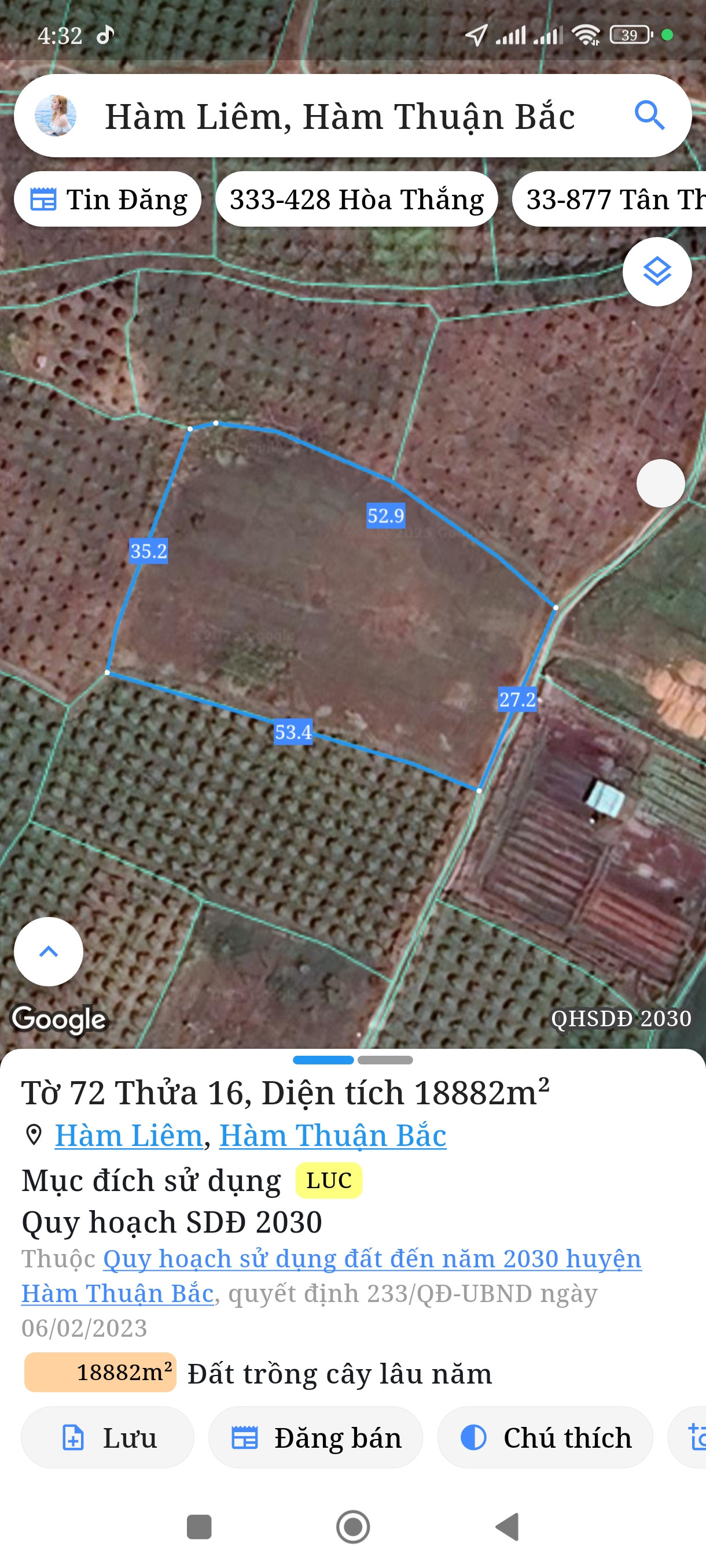 Bán đất 1888m² ngang 27m giá 850 triệu Xã Hàm Liêm